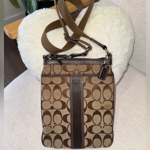 Coach Signature Jacquard Canvas Brown Stripe Swingpack Messenger Crossbody Purse